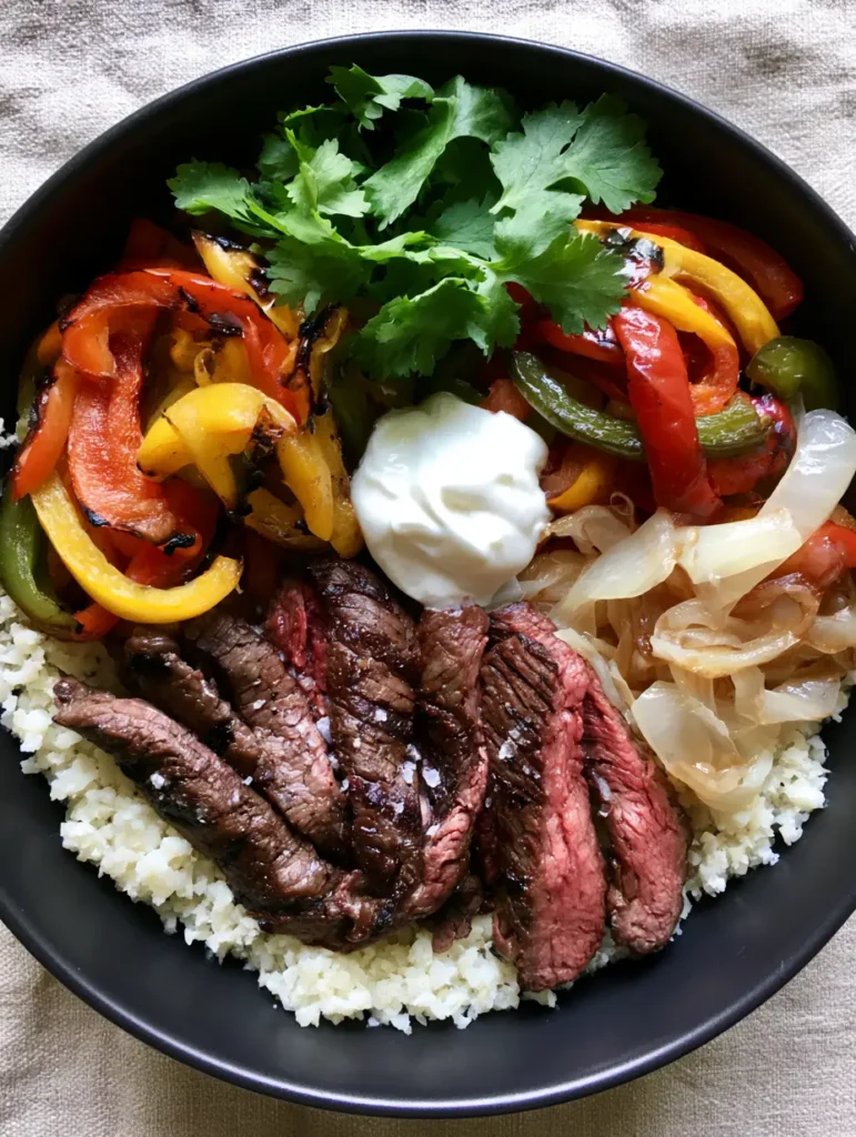 Top-down view of a Steak Fajita Bowl showing organized sections of steak, peppers, and onions.