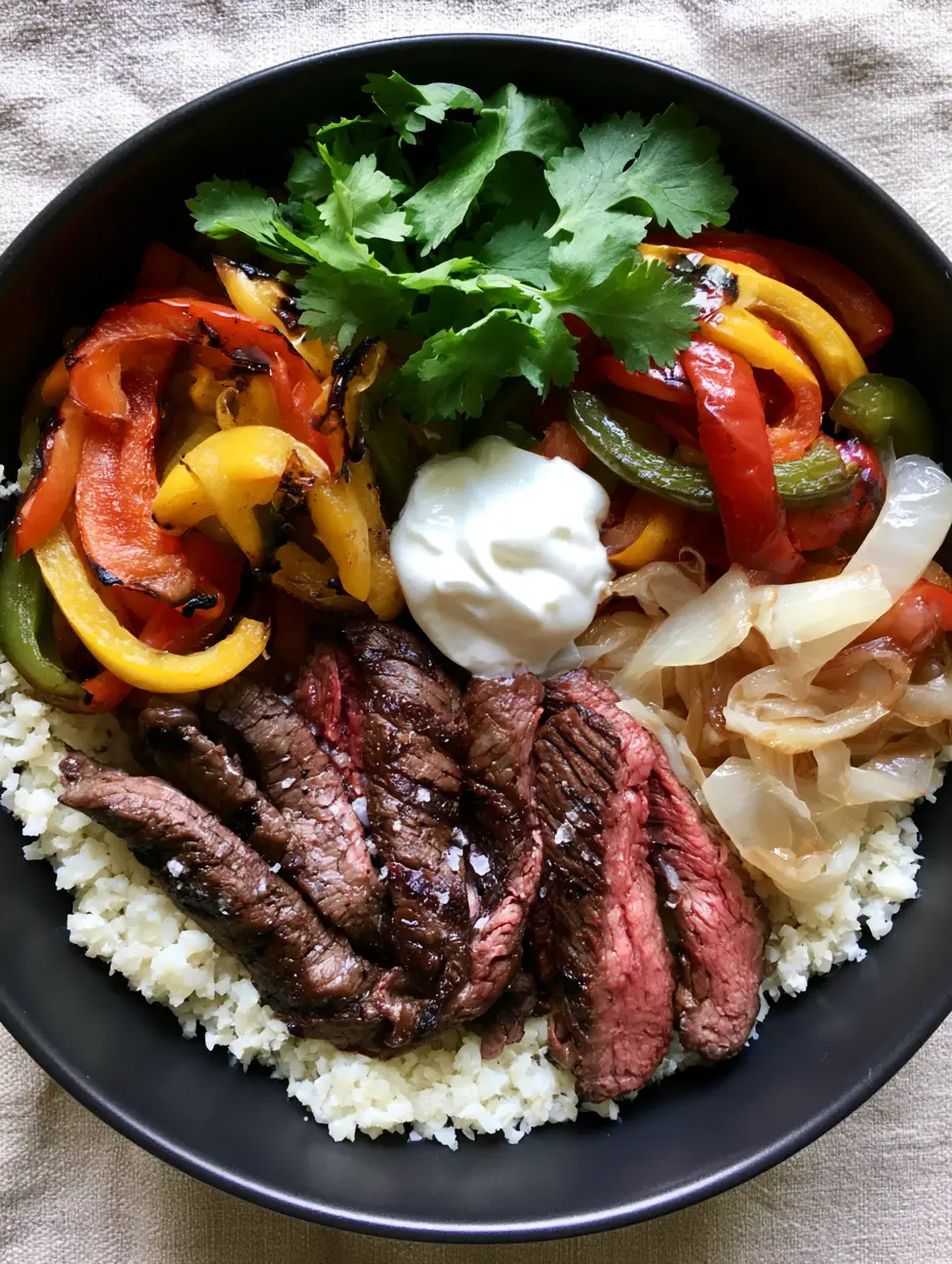 Top-down view of a Steak Fajita Bowl showing organized sections of steak, peppers, and onions.