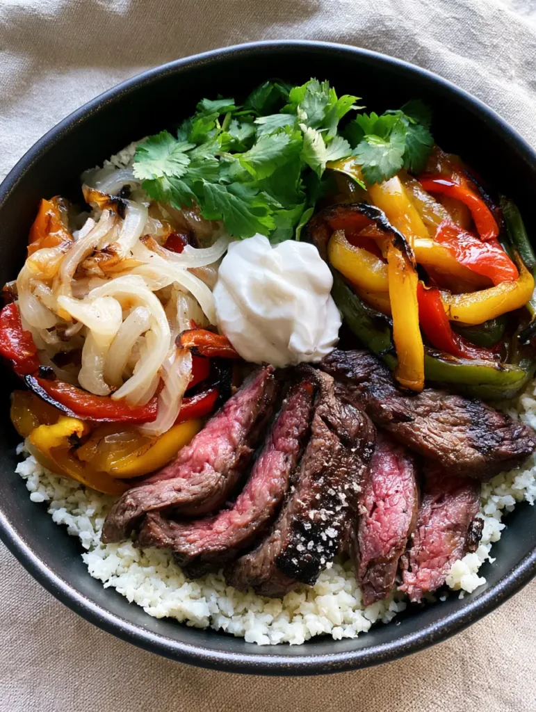 Close-up of charred bell peppers and medium-rare skirt steak strips in a fajita bowl.