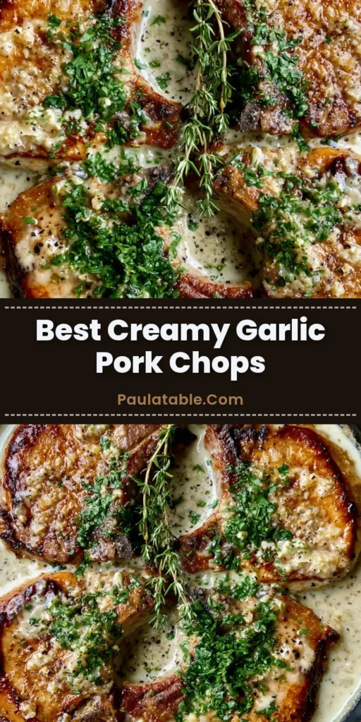 A top-down view of golden-brown seared Creamy Garlic Pork Chops in a black skillet with thyme and parsley.