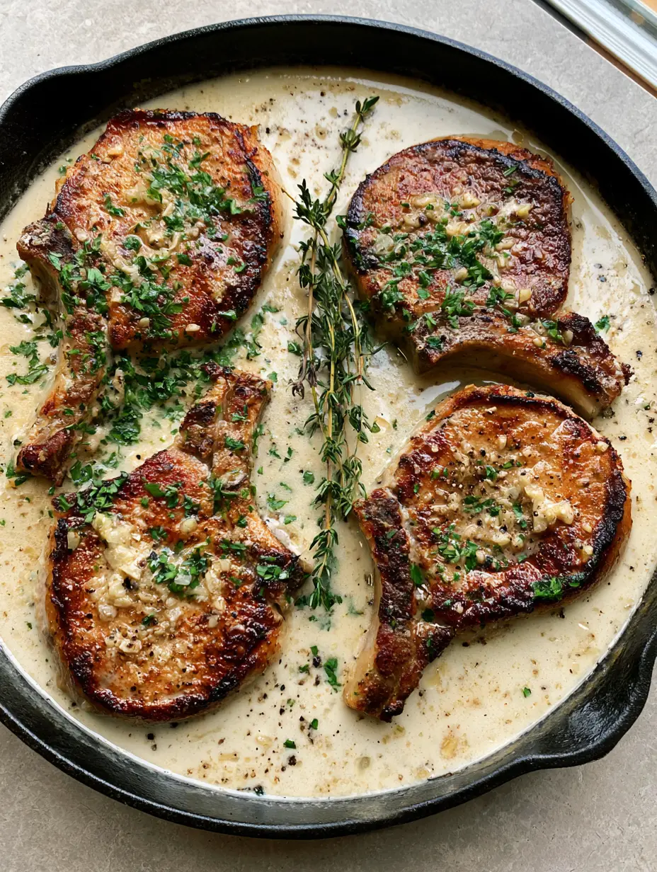 Close up of four seared Creamy Garlic Pork Chops simmering in an off-white garlic cream sauce in cast iron.