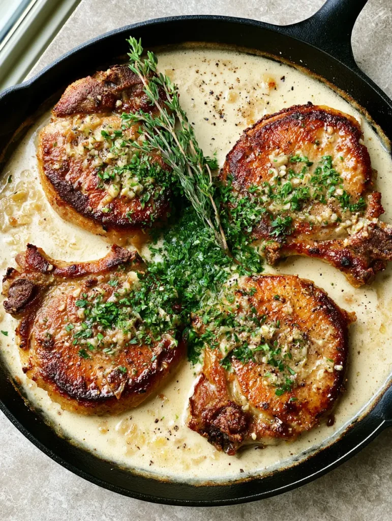 Overhead view of Creamy Garlic Pork Chops garnished with fresh thyme and parsley on a stone countertop.