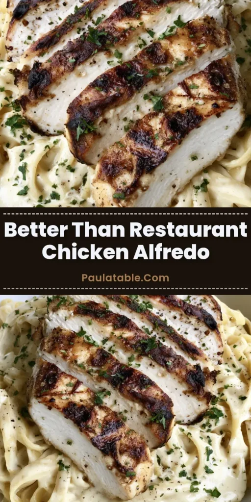 Creamy Chicken Alfredo with Seared Grilled Chicken Breast 4 A close-up vertical shot of Creamy Chicken Alfredo in a white bowl with seared chicken and fresh parsley.