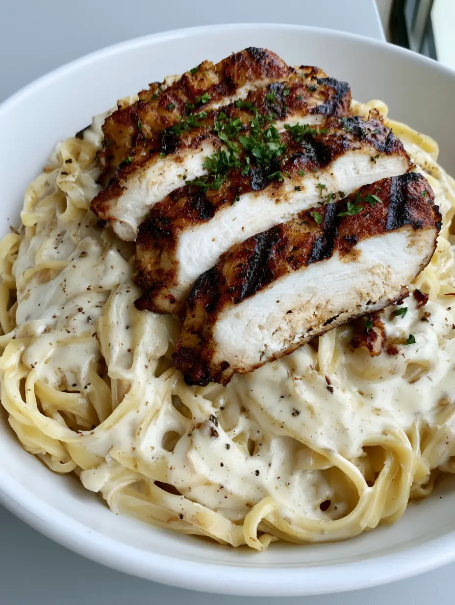 Creamy Chicken Alfredo with Seared Grilled Chicken Breast 3 A shallow white ceramic bowl containing Creamy Chicken Alfredo with glossy ivory sauce and charred chicken breast slices.