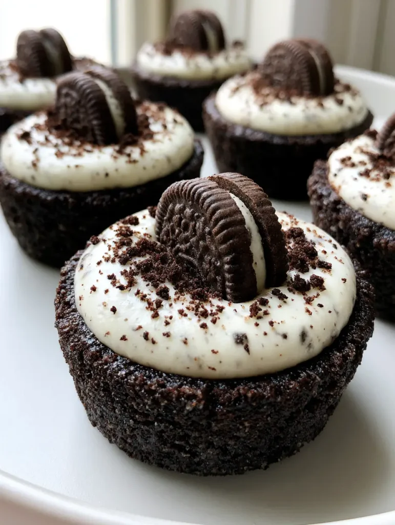 Detailed close-up of Oreo cheesecake cookie cups highlighting the fine chocolate cookie crumbs and mini Oreo garnish.