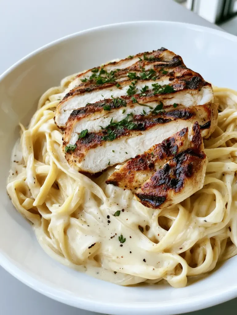 Creamy Chicken Alfredo with Seared Grilled Chicken Breast 1 Handheld smartphone photo of Creamy Chicken Alfredo with dark grill marks on chicken slices.