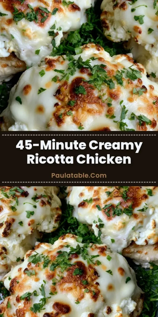 A close-up of Creamy Baked Ricotta Chicken in a cast iron skillet with charred cheese spots and red pepper flakes.