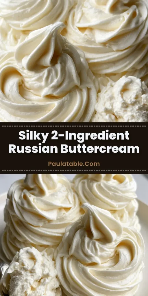 Russian Buttercream Frosting: The Ultimate 2-Ingredient Glossy Miracle 3 A tall, elegant swirl of glossy Russian Buttercream Frosting on a white plate with sharp star-tipped ridges. (Russian Buttercream Frosting)