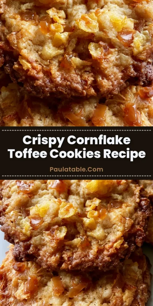 A stack of thick Cornflake Toffee Cookies showing jagged toasted cereal pieces and melted amber toffee bits on a light grey surface.