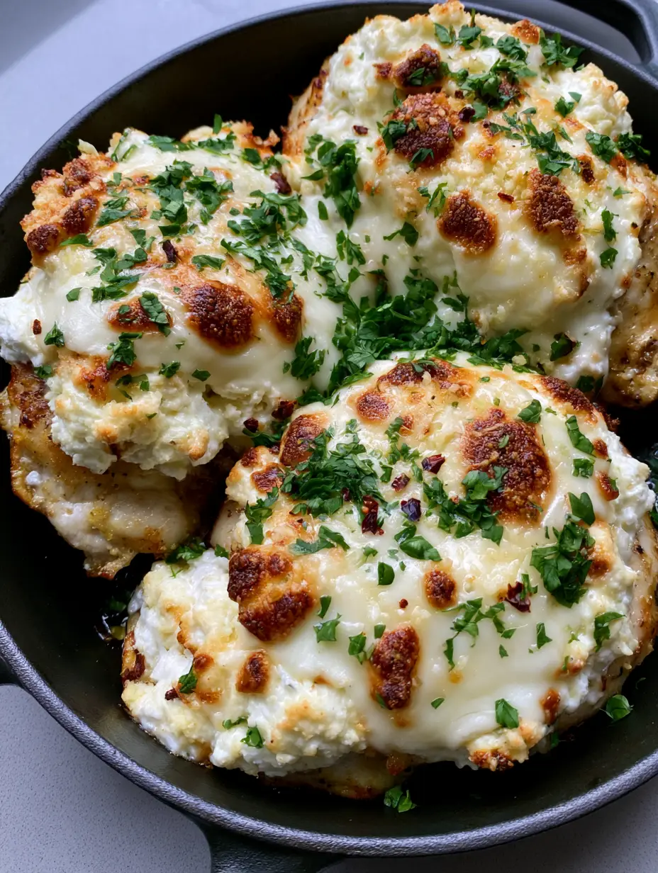 Handheld smartphone photo of Creamy Baked Ricotta Chicken showing the thick ricotta layer and fresh parsley garnish.