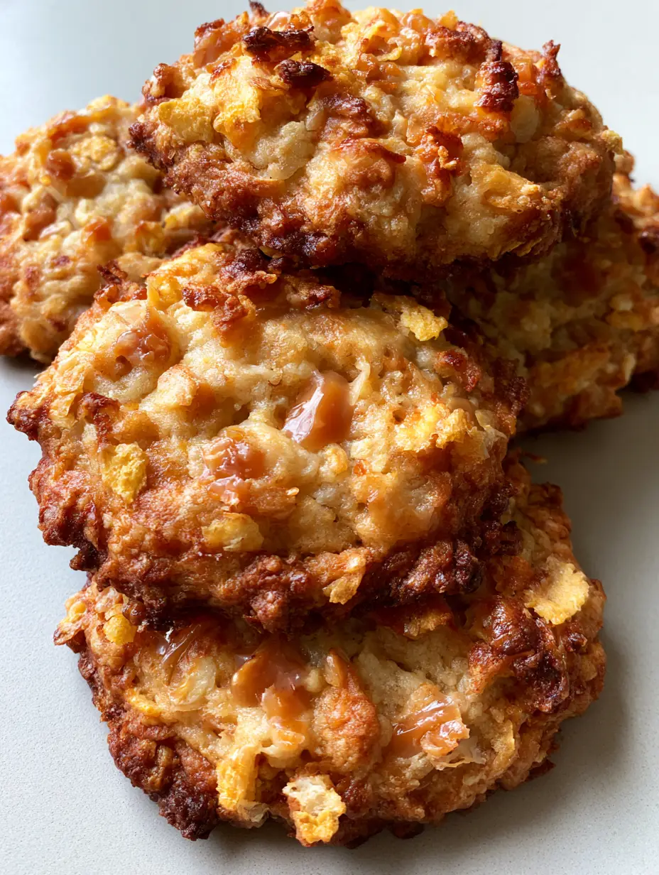 Close-up handheld photo of golden-brown Cornflake Toffee Cookies with craggy, toasted textures.