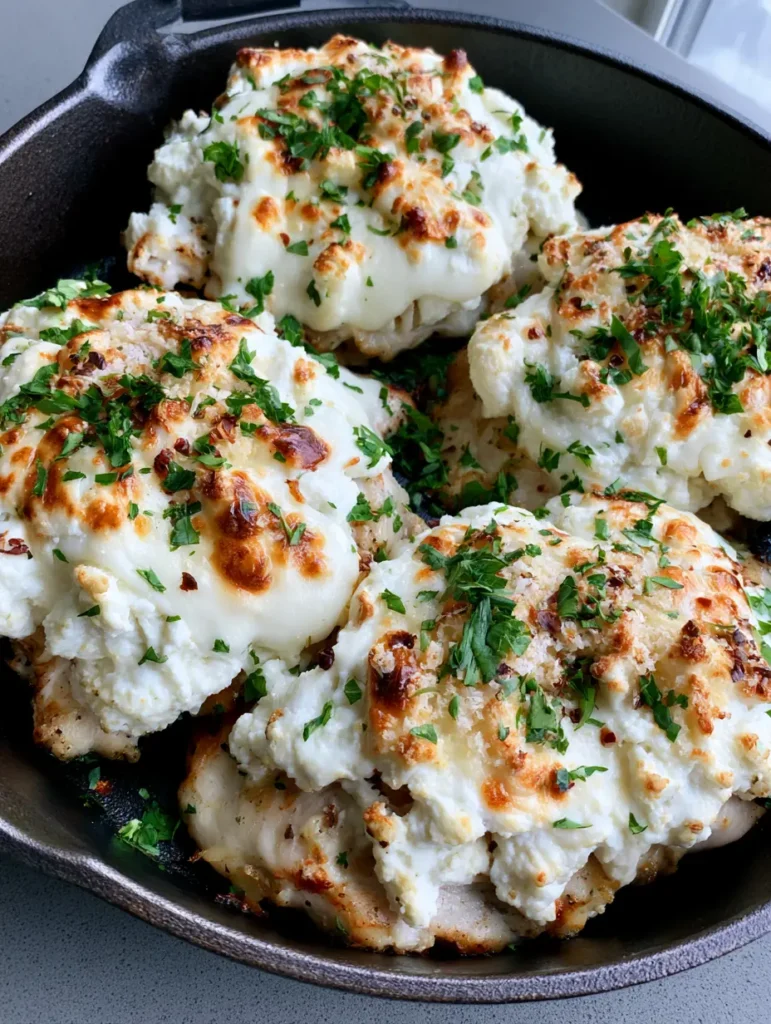 Top-down view of Creamy Baked Ricotta Chicken in a dark cast iron skillet on a neutral grey counter.