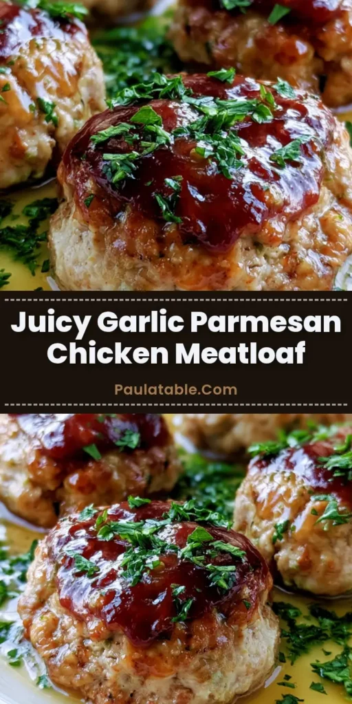 Close-up of four round Garlic Parmesan Chicken Meatloaf portions topped with a glossy mahogany glaze on a white plate.