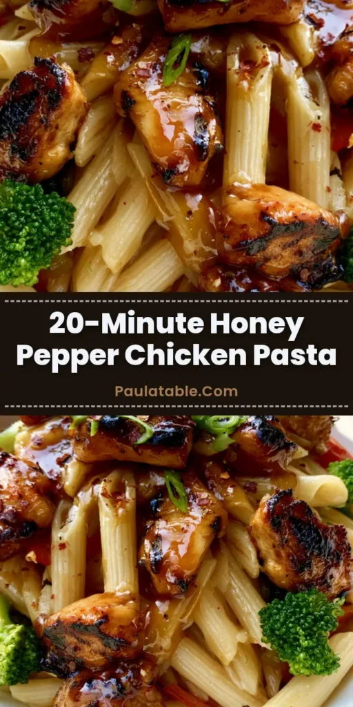 A close-up shot of Honey Pepper Chicken Pasta in a shallow white bowl featuring charred chicken, glossy sauce, and steamed broccoli.