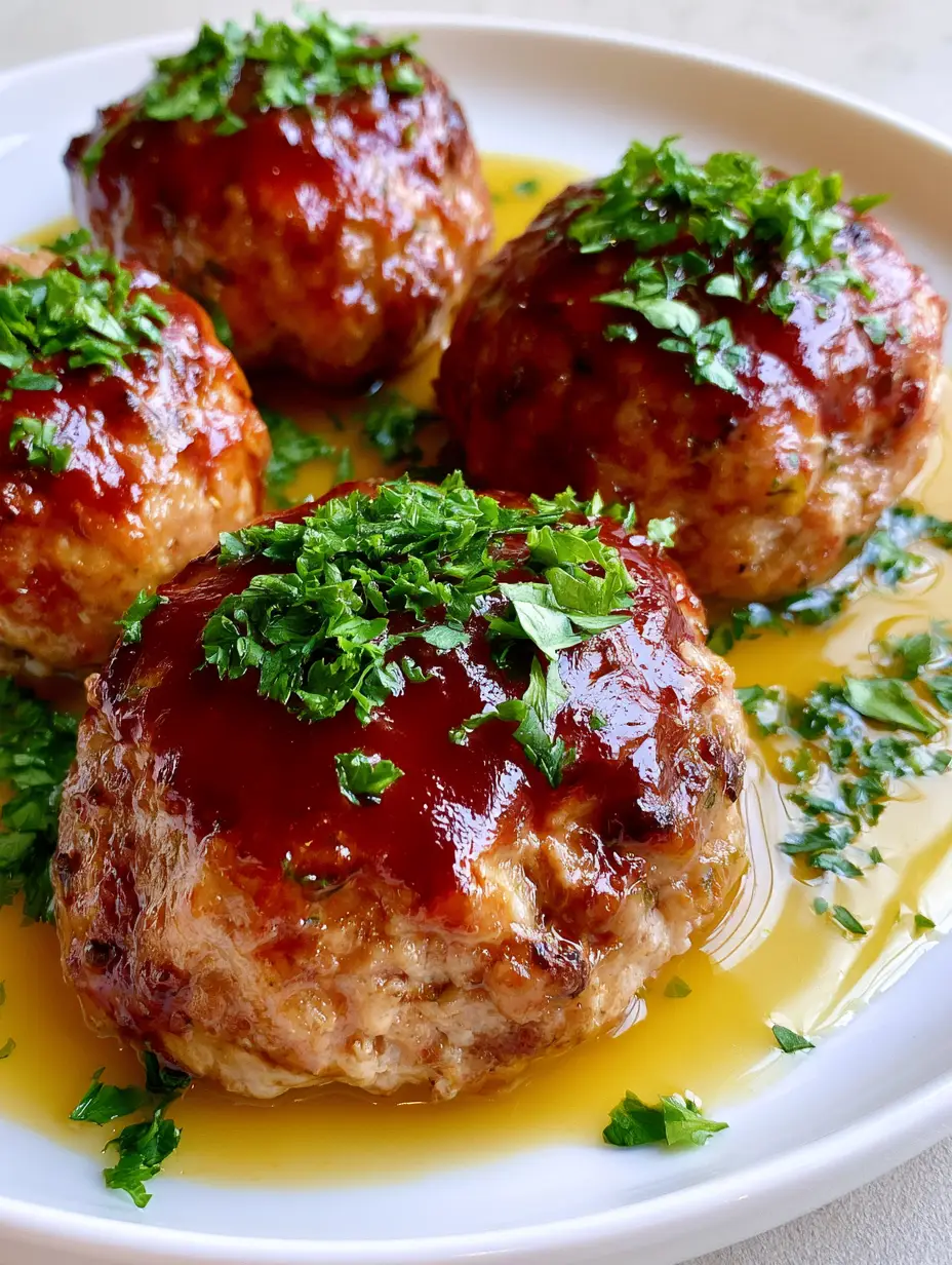 Individual round chicken meatloaves with visible texture and a thick red glaze sitting in golden gravy. (Garlic Parmesan Chicken Meatloaf)