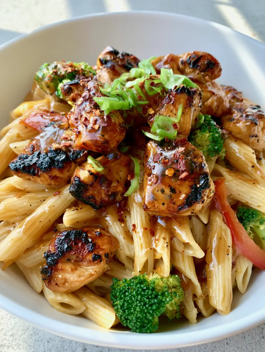 Overhead view of Honey Pepper Chicken Pasta showing the thick amber glaze and vibrant red bell peppers.