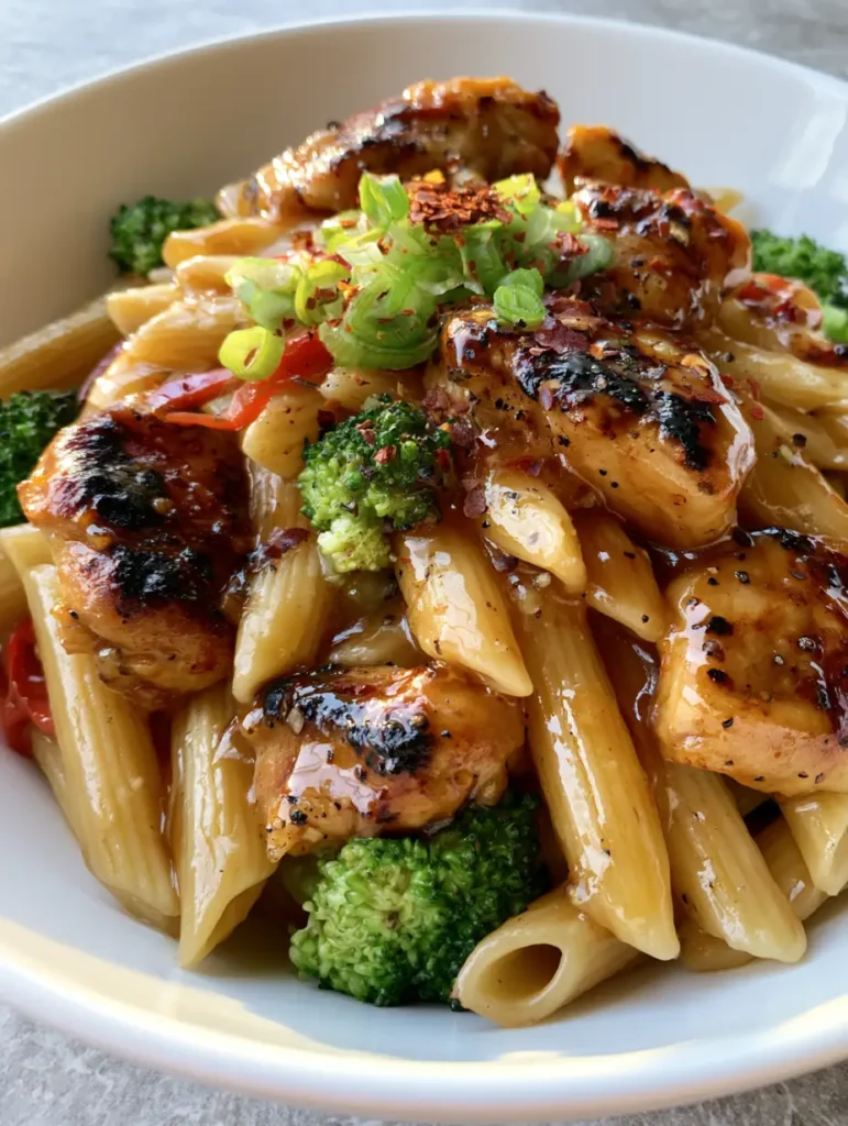 Macro shot of seared chicken chunks and penne pasta coated in honey pepper sauce with green onion garnish.