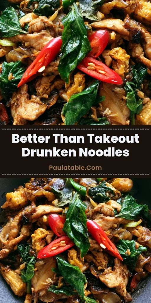 A vibrant close-up of Thai Drunken Noodles (Pad Kee Mao) in a dark bowl, featuring charred rice noodles, seared chicken, and red chilies.