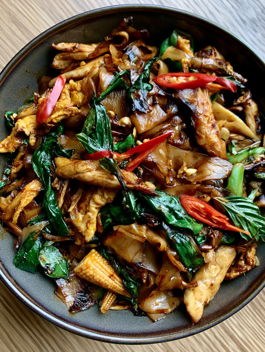 Top-down view of Pad Kee Mao with wide flat rice noodles, mahogany soy glaze, and seared chicken slices. (Thai Drunken Noodles)