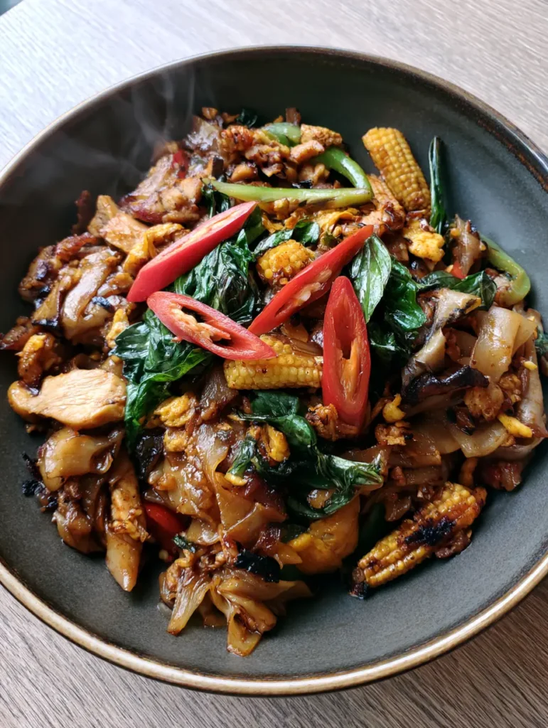 Detailed shot of blistered baby corn, wilted Thai basil, and caramelized noodle edges in Thai Drunken Noodles.