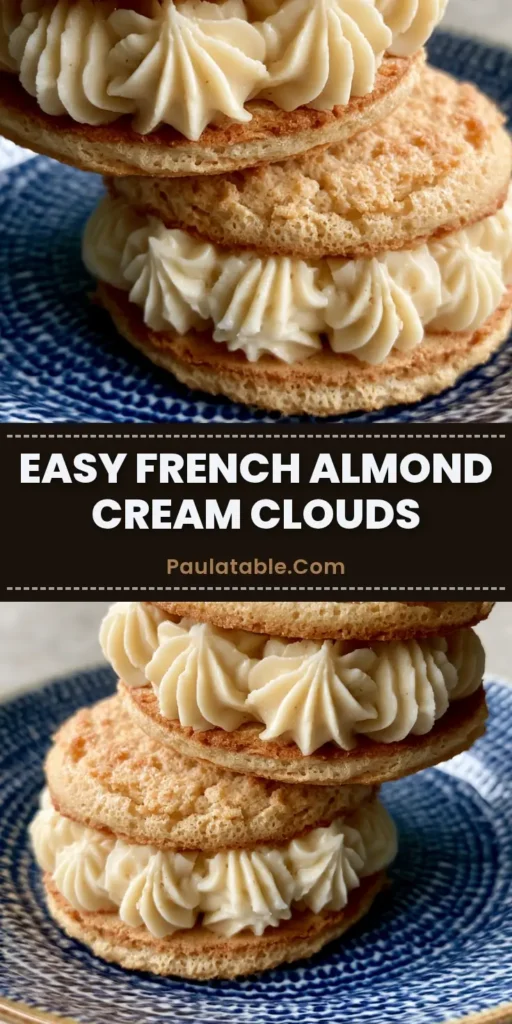 French Almond Cookies: The Ultimate Almond Dacquoise Sandwich Recipe 4 A stack of two French Almond Cookies on a blue and white ceramic plate with visible star-piped almond cream and powdered sugar dusting.