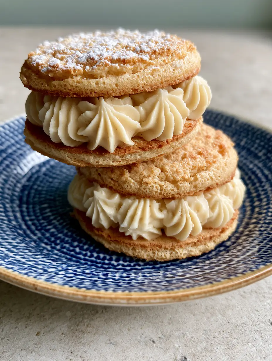 French Almond Cookies: The Ultimate Almond Dacquoise Sandwich Recipe 3 Close-up of golden-brown French Almond Cookies with porous nut meal texture and ivory cream ridges.
