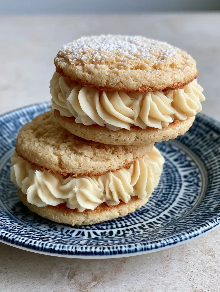 French Almond Cookies: The Ultimate Almond Dacquoise Sandwich Recipe 1 Two French Almond Cookies offset on a light gray stone surface under soft natural lighting.