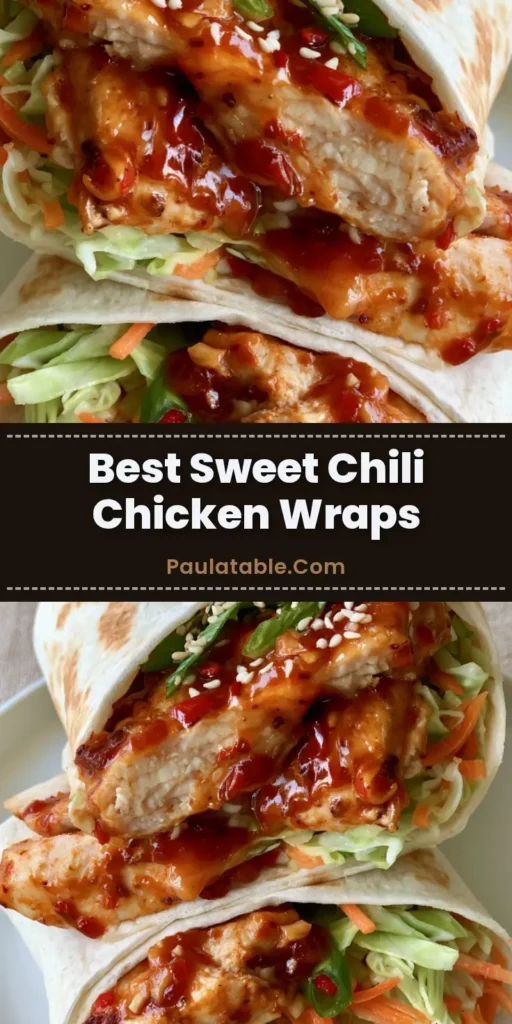 Two Sweet Chili Chicken Wraps sliced diagonally and stacked on a white plate, showing the juicy chicken glazed in red sauce and fresh cabbage. (Sweet Chili Chicken Wraps)