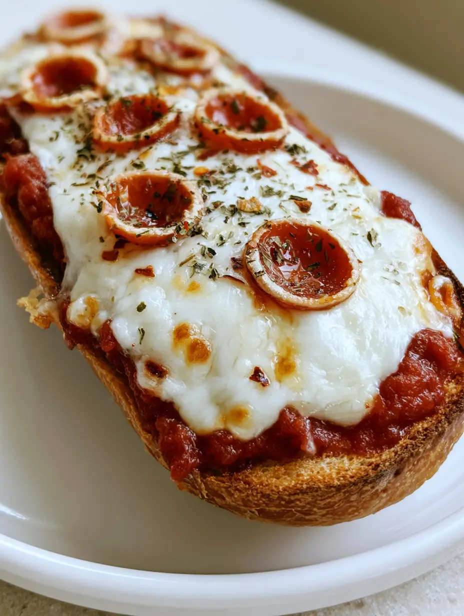 Close-up handheld photo of a French Bread Pizza with golden toasted cheese spots and red chili flakes.