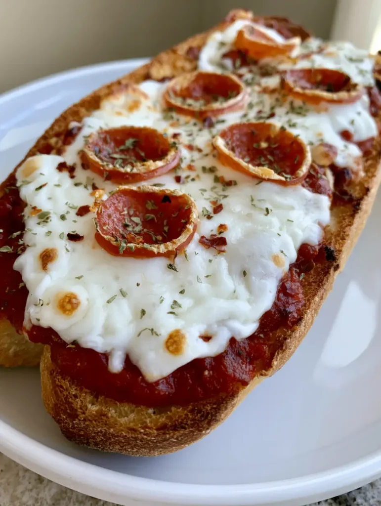 Sliced French Bread Pizza showing the thick red sauce and crispy baguette edges.