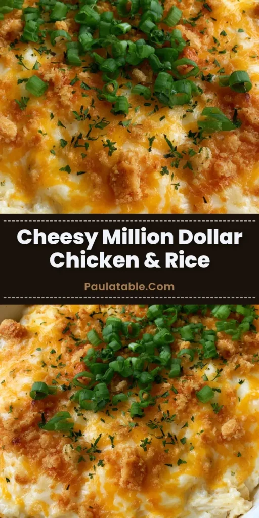 A bubbling white ceramic casserole dish of Million Dollar Chicken and Rice topped with melted cheddar, mozzarella, and golden cracker crumbs.