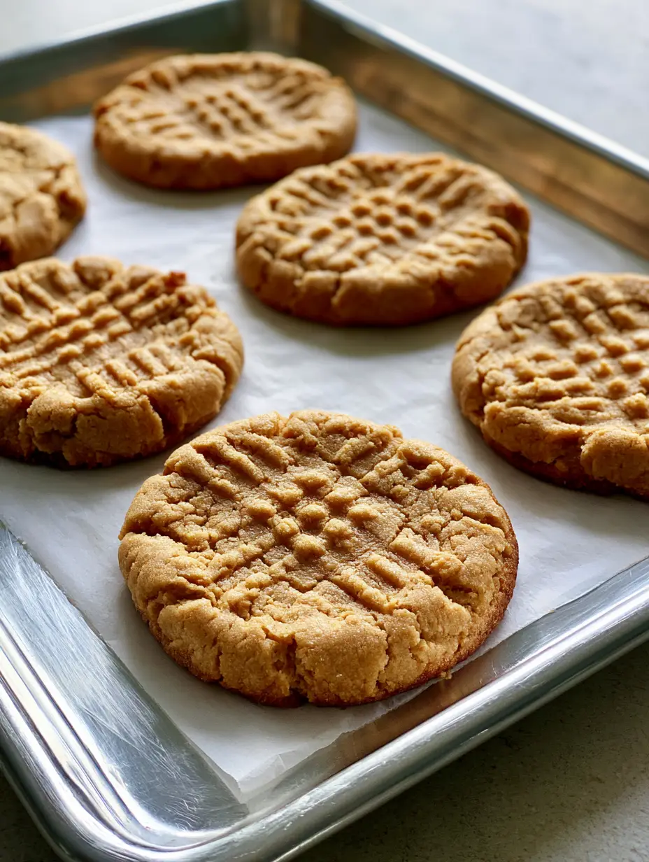 Close-up of Peanut Butter Cookies on a silver metal baking sheet showing cracked matte surface and golden edges.