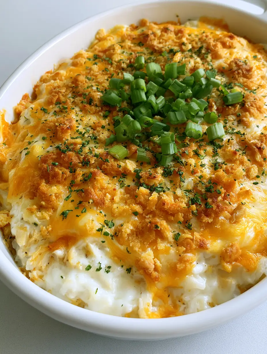 Close-up of Million Dollar Chicken and Rice with bubbling golden-brown cheese and green onion garnish.