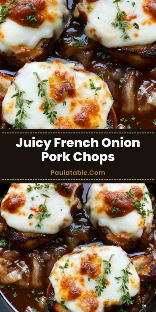 A close-up vertical shot of French Onion Pork Chops in a cast iron skillet, featuring melted mozzarella with golden toasted patches and dark onion gravy.