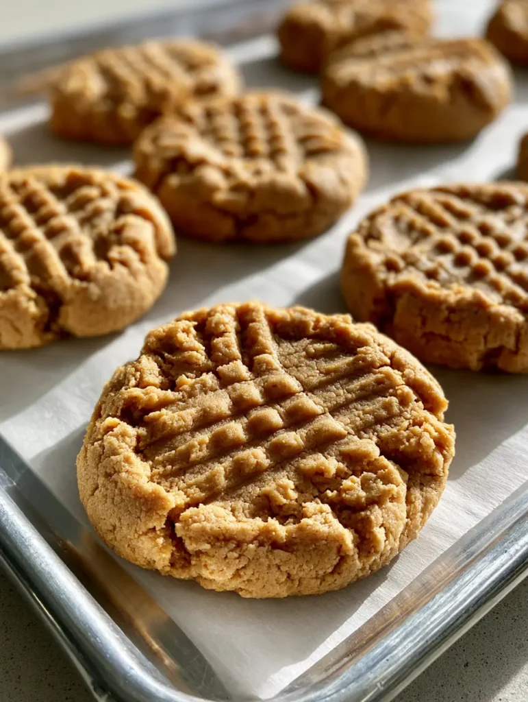 Several thick round Peanut Butter Cookies resting on white parchment paper in soft natural light.