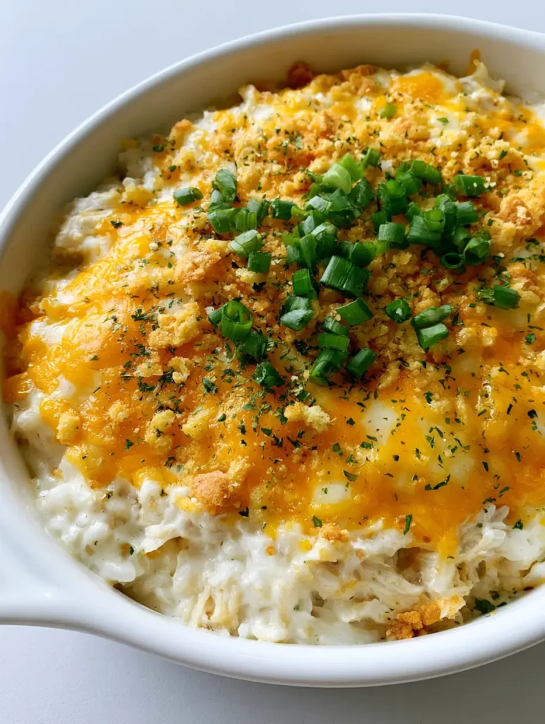 Angled shot of creamy chicken and rice casserole in a white dish on a light grey background.