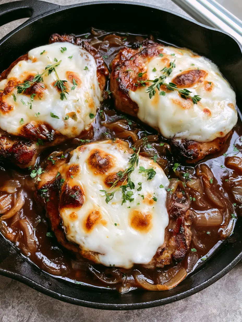 Top-down view of French Onion Pork Chops in a black skillet, showing juicy meat, mahogany gravy, and blistered cheese.