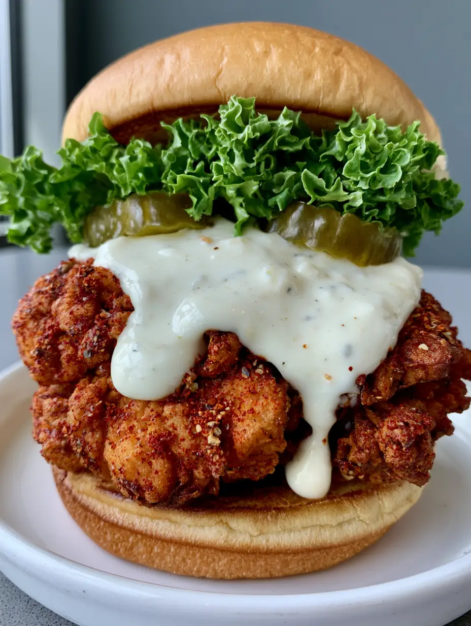 Cajun Crispy Chicken Sandwich with Creamy Garlic Aioli 3 Close up of a Cajun Crispy Chicken Sandwich highlighting the reddish Cajun spice granules and thick white garlic aioli with visible garlic specks.