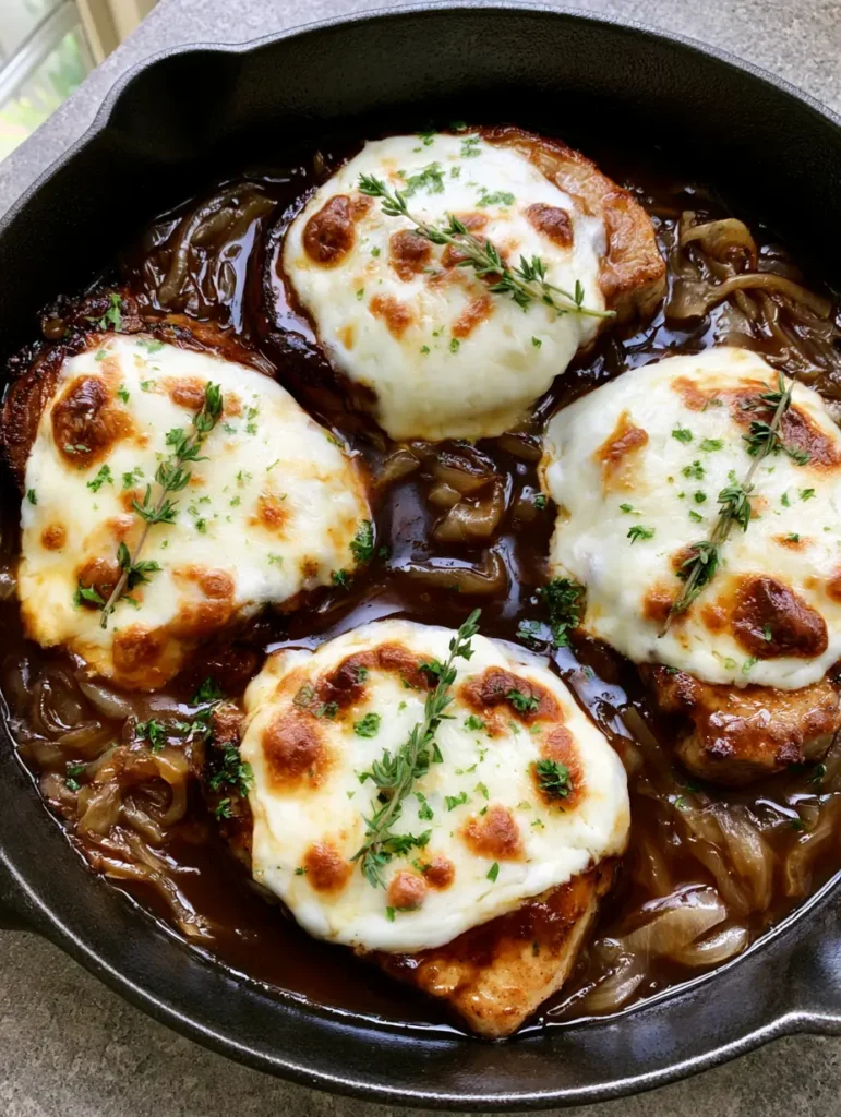 Close-up of melted white cheese with golden-brown toasted patches on top of seared pork chops and caramelized onions.
