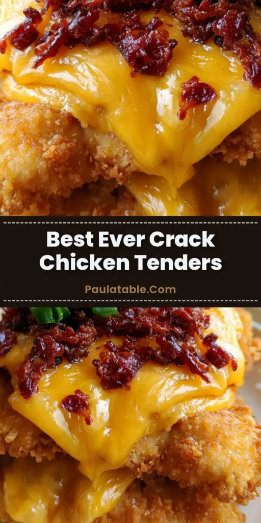 A close-up of Crack Chicken Tenders on a white plate, topped with melted orange cheddar, crispy dark-red bacon bits, and sliced green onions.
