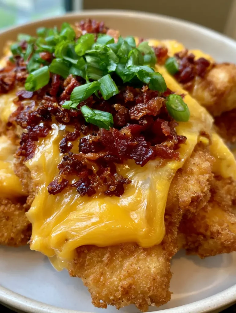 Detail shot of crispy panko breading on Crack Chicken Tenders topped with dark-red crumbled bacon.