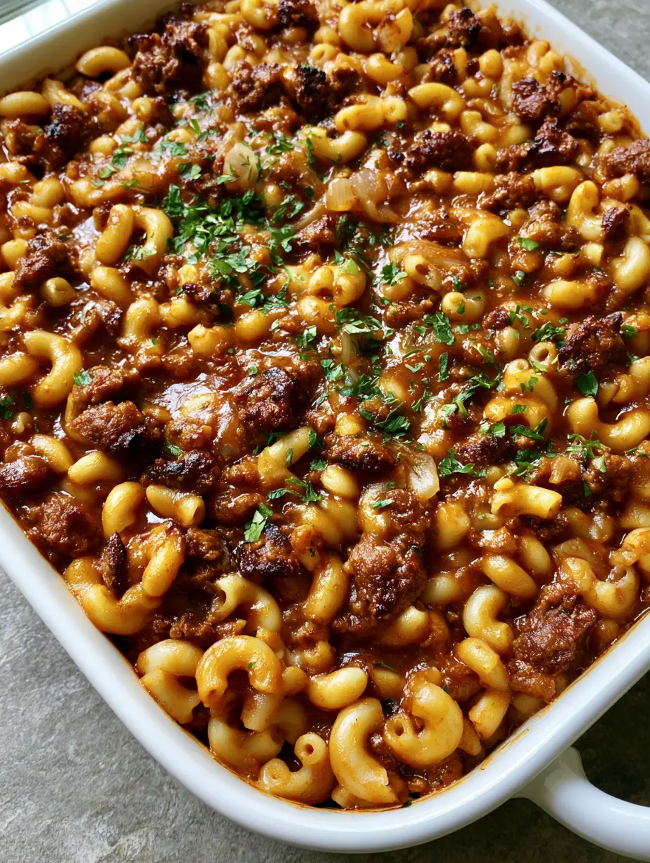 Dairy-Free Hamburger Casserole: The Ultimate Savory Comfort Food Pasta Bake 3 Top-down view of Dairy-Free Hamburger Casserole showing seared ground beef crumbles and elbow macaroni in a reddish-brown sauce.