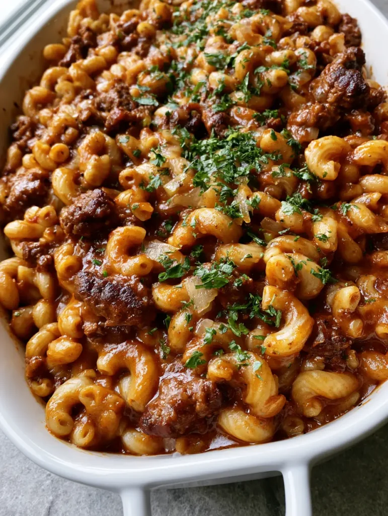 Dairy-Free Hamburger Casserole: The Ultimate Savory Comfort Food Pasta Bake 1 Close-up detail of the translucent onion garnish and fresh parsley on the Dairy-Free Hamburger Casserole.