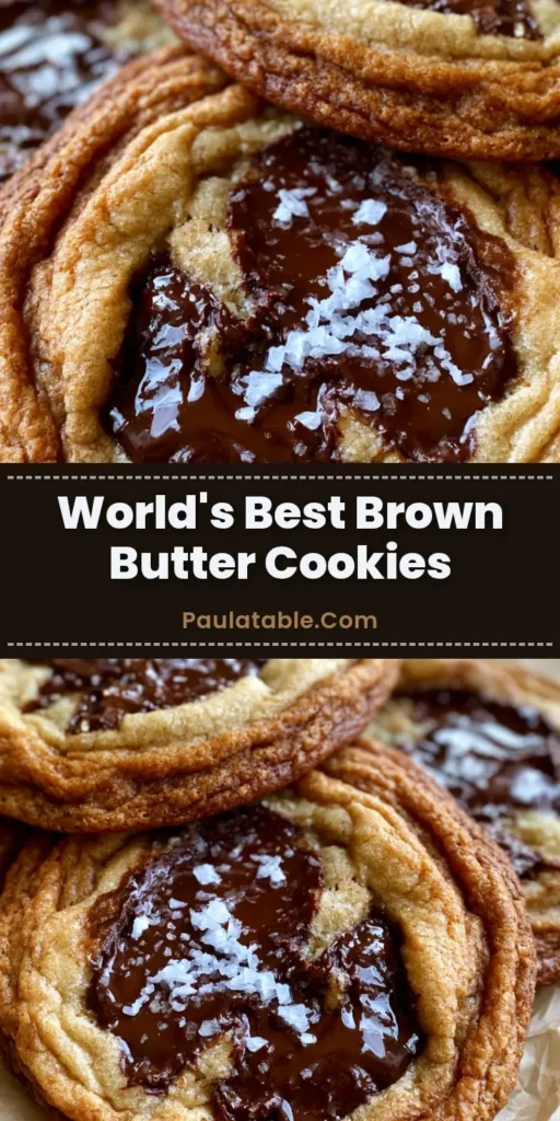 A stack of thick, chewy Brown Butter Chocolate Chip Cookies with rippled edges and large glistening pools of dark chocolate on parchment paper.