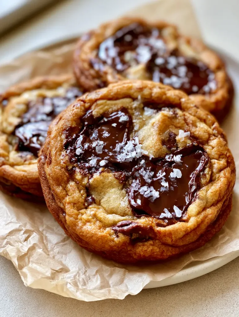 Close-up of a Brown Butter Chocolate Chip Cookie showing a soft pale-gold center and caramelized rippled edges.
