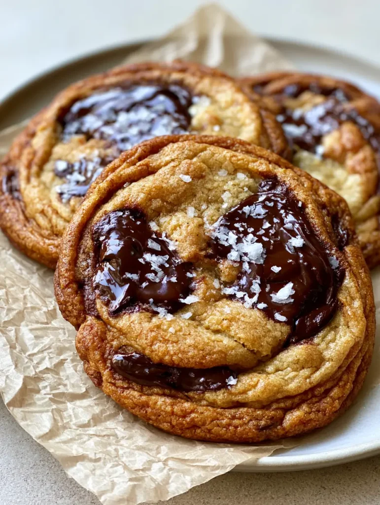 A handheld photo of a Brown Butter Chocolate Chip Cookie with molten dark chocolate pools and a sprinkle of flaky salt.