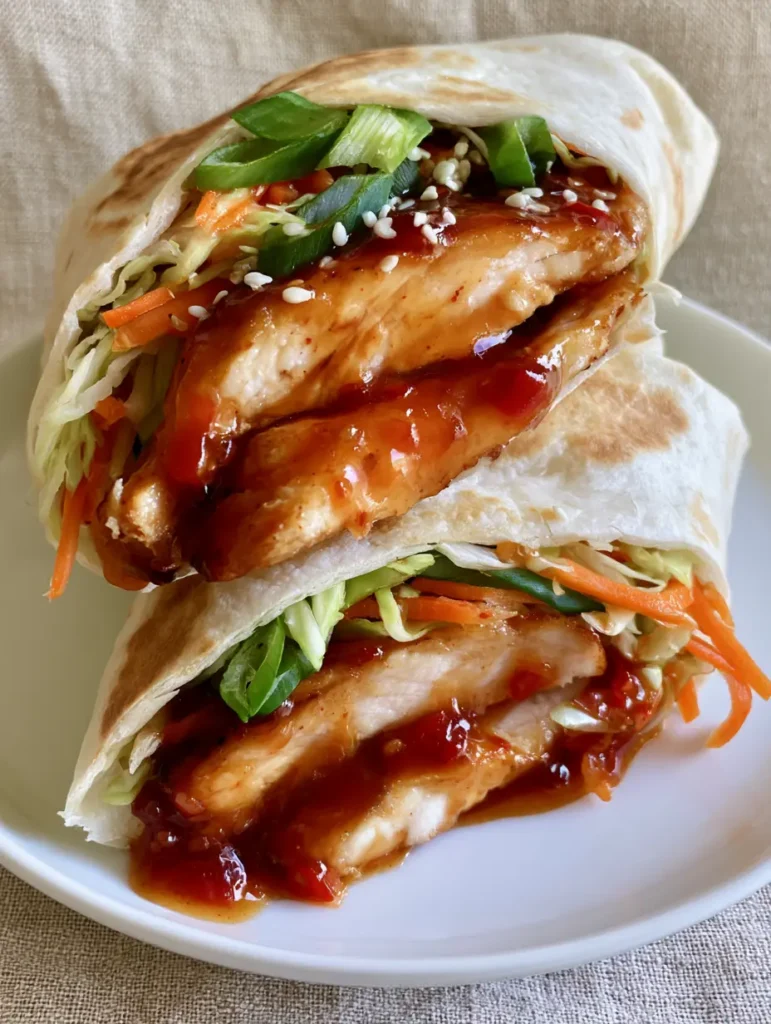 A handheld smartphone photo of Sweet Chili Chicken Wraps with visible toast marks on the tortilla and a glossy red chili sauce coating the chicken slices. (Sweet Chili Chicken Wraps)