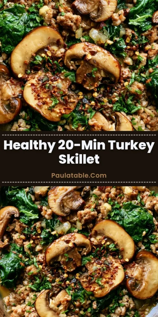 Ground Turkey Spinach Mushroom Skillet: The Ultimate 20-Minute High-Protein Weeknight Dinner 4 A top-down view of a Ground Turkey Spinach Mushroom Skillet in a black cast iron pan on a grey stone countertop.