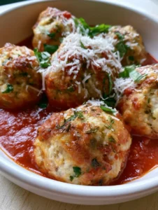Close-up 45-degree angle shot of Baked Chicken Ricotta Meatballs with visible green herbs and a crispy golden exterior in a white bowl.