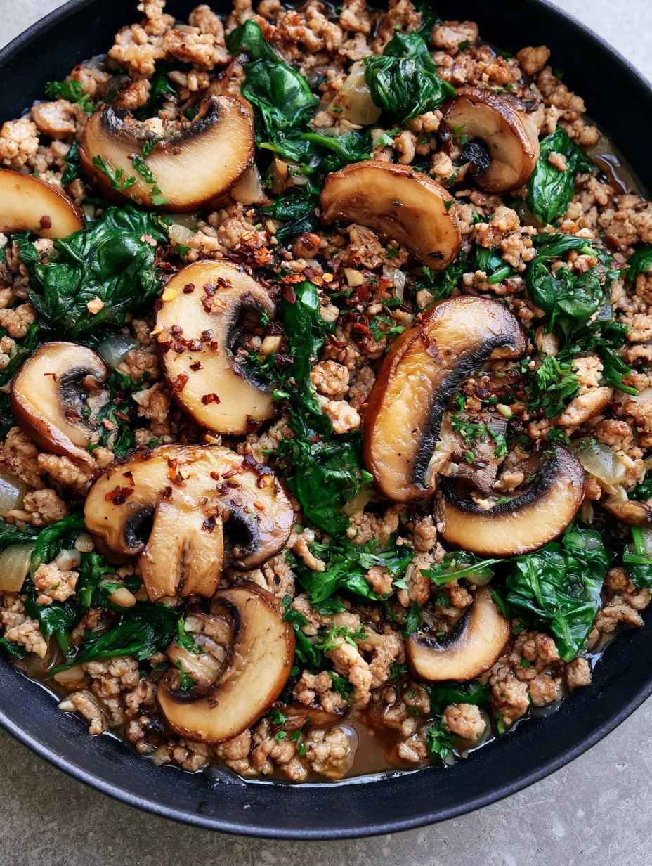 Ground Turkey Spinach Mushroom Skillet: The Ultimate 20-Minute High-Protein Weeknight Dinner 3 Sizzling browned ground turkey mixed with wilted spinach and cremini mushrooms in a rustic skillet. (Ground Turkey Spinach Mushroom Skillet)